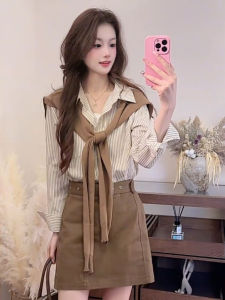 Korean Style Long Sleeve Striped Shawl Polo Neck Shirt Womens Loose Casual Shirt Trendy Autumn New Single Button up Top