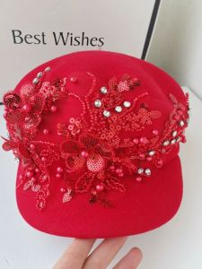 New Year Red Hat Female Fashion Rhinestone Sequins Flower Peaked Cap Newsboy Cap Autumn Winter Wool Octagonal Cap