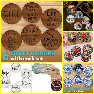 6-Piece set of round Coasters with English letters Flowers horse Pattern wooden Material Household Desktop water cup non-sl