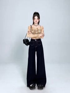 Plus Size S-7XL Korean High Waist Double Button Wide Leg Jeans Denime Pant Casual Trousers
