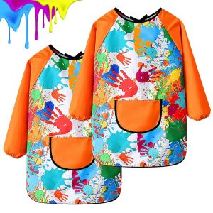 Colorful Children Painting Apron Long Sleeve Waterproof Artist Smock with Pocket for Boys & Girls Handwork Cooking Baking Aprons