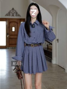 Preppy Style Retro Gingham Polo Collar Long Sleeves Shirt Patchwork Waist-Slimming Slim Looking Elegant Ruched A- line Dress Fashion