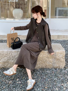 Lazy Style Striped Decorative Loose Slimming Womens Dress Set Autumn New PU Leather Vest Two-Piece Set Casual Long Sleeve