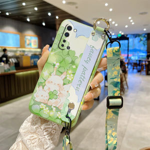 Oppo Reno3 pro Soft Silicone Protective Case Anti-Fall Full Cover Wrist Strap Holder New Fresh Four-leaf Clover Couple Womens Crossbody Lanyard Strap