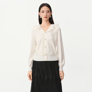 Koradior | Sequined Lace Trim V-neck Slim Fit Knitwear