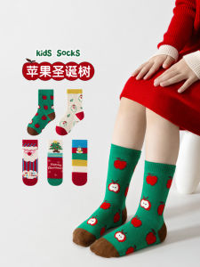 Cartoon Christmas Socks for Kids Mid-calf Cotton Socks Red New Year Socks Boys And Girls Winter Warm Soft Ankle High Tube Socks