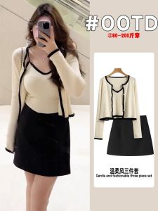 plus Size Womens Autumn Winter Knitted Cardigan Set with Small Strap Top And Meat Concealing Short Skirt Three Piece Suite