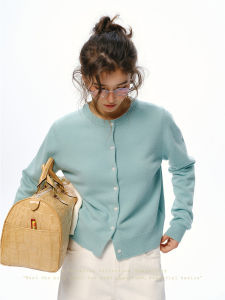 SHEITAOZI | 100 Wool Simple Slimming Single-breasted Long Sleeve Round Neck Knit Cardigan