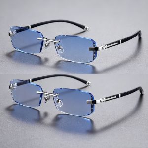 2 Pairs of Elegant Frameless Mens and Womens Diamond Cut Border Blue Light Flat Glasses - Retro Style PC Frame-0~+400