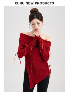 New Year Red Knitted Base Shirt T-Shirt Womens Spring Autumn 2025 New Fashion Beautiful One-Shoulder New Year Top