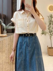 Retro High Waist Denim Mini Skirt Set Womens Summer plus Size Short Sleeve Shirt Top Fashionable Two Piece Set Polo Collar Button up