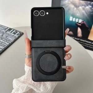 Magnetic Leather Phone Case For Samsung Galaxy Z Flip 7 FE 6 5 4 3 Flip7 Flip6 Flip5 5G Ring Holder Hinge Protective Cover