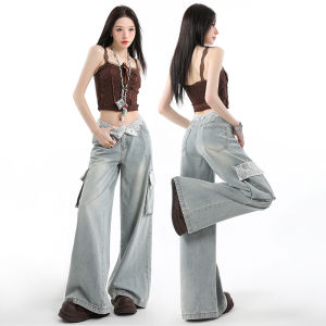กางเกงยีนส์ทรงหลวมเอวสูง ทรงตรง ทรงหลวม ดีไซน์ลูกไม้ สำหรับผู้หญิง ฤดูร้อน 2025 กางเกงยีนส์ทรงหลวม ทรงหลวม ทรงหลวม