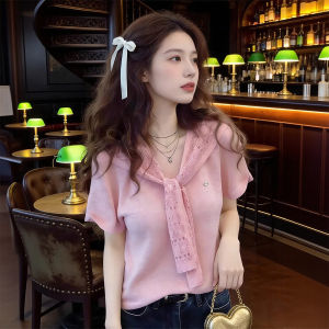 XUECAIQI | Fashionable Youthful Korean Style Pink Knit Short Sleeve T-shirt