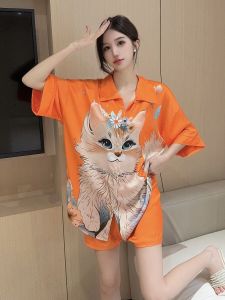 Ice Silk Sleepwear Women's Summer New Style High Sensation Cat Short Sleeve Plus Size Nightgown Shorts Outdoor Set Thin Type