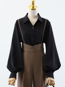 เสื้อเชิ้ตแขนโคมไฟสำหรับผู้หญิง ฤดูใบไม้ร่วง 2024 ดีไซน์ใหม่ เสื้อเชิ้ตคอปกหลวมๆ แขนพอง แขนยาว ทรงตรง ปกติ สีสันสดใส