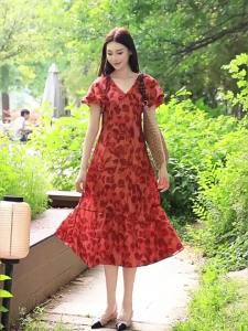 LANCY FROM 25 | Flax V-Neck Printed Waist Accentuation Short Sleeve Bubble Sleeve Long Dress