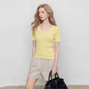 New Yellow Knit Short Sleeve T-Shirt for Women Slimming Wavy Edge Short