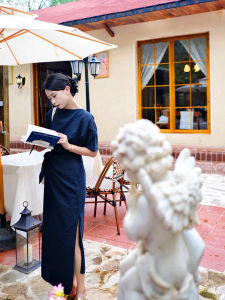 YUFUQING | Blue Sleeveless Waist-Cinched Short-Sleeve Dress Womens Summer New Style High-End Loose Slimming Long Dress Casual Round Neck