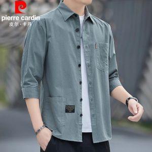 Pierre Cardin Mens Fashion Summer New Seven Sleeve Shirt Short Sleeve Cotton Jacket Outerwear Standard Fit Youth Popular