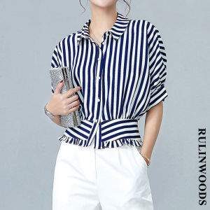 RULINWOODS áo sơ mi nữ áo sơ mi sọc phong cách hàn quốc áo tay ngắn cánh dơi áo mùa hè
