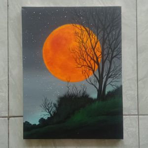 Hiasan Dinding Dekorasi Ruang Tamu Lukisan Pemandangan  Bulan Malam Aesthetic Bahan Kanvas Ukuran 30x40cm