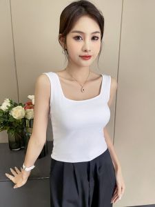 เสื้อกั๊กสายเดี่ยวคอเหลี่ยมสีขาวสำหรับผู้หญิง ทรงเข้ารูป แขนกุด แฟชั่นฤดูร้อน 2024 เสื้อชั้นในแบบสวมสำหรับใส่ด้านนอก