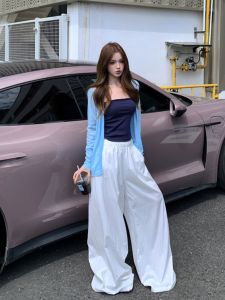 VKSOD | ชุดสามชิ้นคอตั้งแขนยาวป้องกันแสงแดดสำหรับผู้หญิงในช่วงฤดูร้อนปี 2025 ชุดกางเกงขากว้างสีขาวเซ็กซี่และสง่างาม