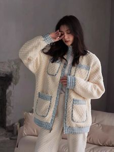 miiow | Cat Person 2025 New Womens Sleepwear Coral Fleece Thickened Warm Home Clothes Set Outdoor Wearable Long Sleeve Zipper Closure