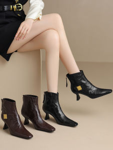 รองเท้าบูทมาร์ตินหนังแกะนุ่มส้นสูงครึ่งแข้งสไตล์ย้อนยุค รองเท้าบูทฤดูใบไม้ผลิและฤดูใบไม้ร่วงสำหรับผู้หญิง รองเท้าบูทส้นสูงทรงหัวเหลี่ยม