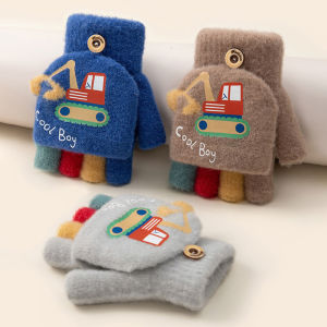 Cartoon Excavator Winter Gloves for Boy Kindergarten Kids Warm Half Fingers Flip Knit Mittens Outdoor Windproof Children Gloves