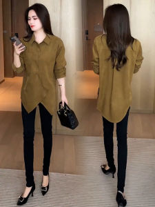 หลวม สไตล์เกาหลี ผู้หญิง เสื้อเชิ้ต ฤดูใบไม้ร่วง ปกพุงสไตล์ใหม่ พรางหุ่น ไม่สมมาตร พลัสไซส์ เสื้อท่อนบน ใส่ทํางานสบาย