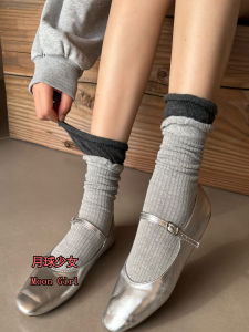Moon Girl White Patchwork Mid-Calf Socks Womens Ballet Style Long Socks Cotton Polyester Spandex Blend Four Season Wear