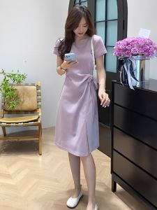 Shalldoer | Casual French Purple Short-Sleeved Waist-Accented A-Line Dress