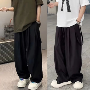 Summer New Mens Hong Kong Style Ice Silk Drapey Casual Pants Design Loose Wide Leg Straight Cut Fashionable Urban Leisure Trousers