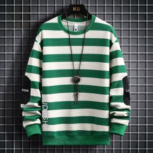 ROMON | Lormen Mens Striped Sweatshirt Casual Long Sleeve Spring Autumn Style Comfortable Loose Fit T-shirt Youth Fashion Top