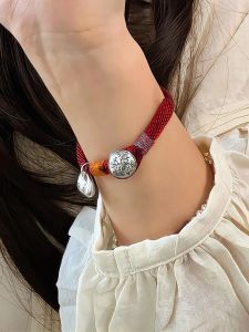 S925 Silver Bracelet Womens Fashion Personality National Style Red Rope Woven Hand Rope Small Peace Lucky Bag Design