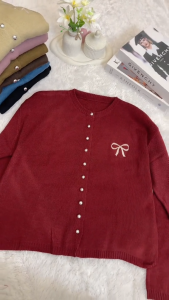 Cardigan Rajut Wanita Variasi Pita Bordir Tops Oversize Knitwear Korean Style