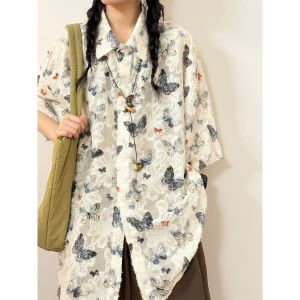 Áo Sơ Mi Tay Ngắn Dáng Rộng Phong Cách Mỹ Cổ Polo Mùa Hè 2025 Dành Cho Nữ Thiết Kế Tua Rua Bướm Cổ Điển Mới