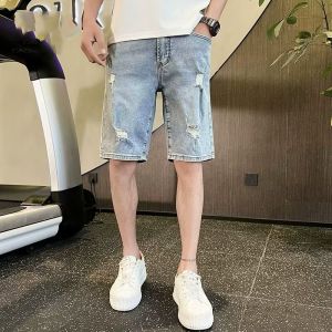 High-End Summer Trendy Mens Short Jeans Casual Light Colored Straight Leg Five-Part Pants Wear-resistant Washed Process