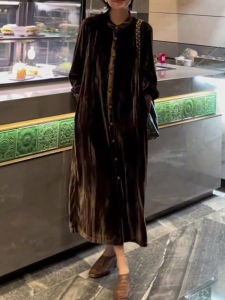 UYFY | Caramel Velvet Long Sleeve Round Neck Dress Womens Loose Fit Autumn New Style Casual Comfortable High Quality Plus Size Dress