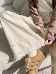 WANGGONGZHU | High Waist Floral Trim Wide Leg Pants Women Spring Autumn 2025 New Design Drapey Splicing Casual Loose Straight Cut Women Pants