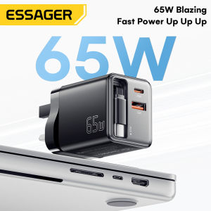 Essager PD65W GaN Type C USB A Charger With Retractable Flexible Stretchable Quick Charge Type C Cable PD3.0 QC 4.0 C+C+A Plug For Laptop Tablet iPhone16 15 ipad Macbook HuaweiMate70 Xiaomi15 Samsung Fast Charge Built-in Retractable C Cable +C+A Chargers