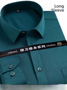 Paul Fitzgerald Mens Long Sleeve Green Business Casual Shirt No Iron Elasticity Square Collar Pure Color Pattern