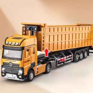 1:50 Extended Trailer Dump Truck Toy Models Alloy Diecast Sanitation Sweeping Trucks Sound Light Door Opened Pull Back Boy Gifts