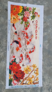 THÊU SẴN Tranh thêu chữ thập thành phẩm cá chép hoa sen cửu ngư quần hội HH0770 150*65cm thêu kín