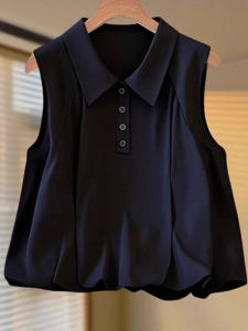 Elegant Polo Neck Sleeveless Shirt Womens Summer New Style Luxury Feel Blue Color Korean Version Loose Fit Breathable Skin-Friendly