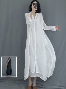 Plus Size Ladies Artsy Minimalist Pure Color Long Shirt Dress Plus Size Womens Clothing Elegant Lapel Long Sleeves Sun Protection Silk Linen Dress
