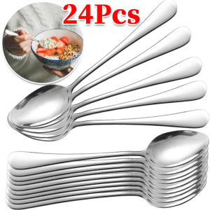 24/12pcs Stainless Steel Spoon / Korean Long Handle Tableware Spoon / Thickened Dinner Spoon Set for Kitchen