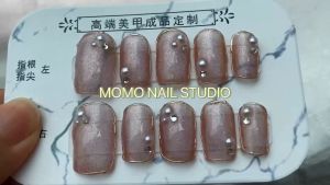 <HANDMADE> <SG Seller/ Ready Stock> Press On Fake Artificial Nails/ Gold Edge Shinny Pink Square Head Mid-length 10pcs